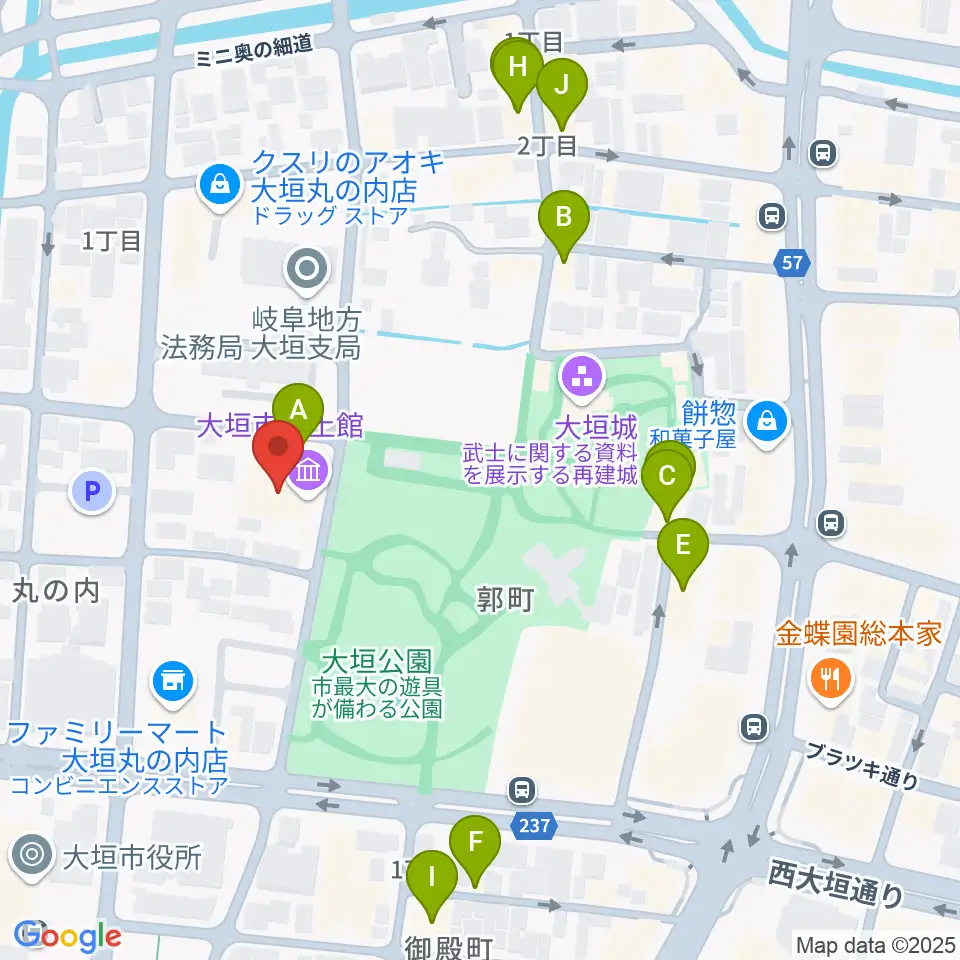 大垣市郷土館周辺のファミレス・ファーストフード一覧地図