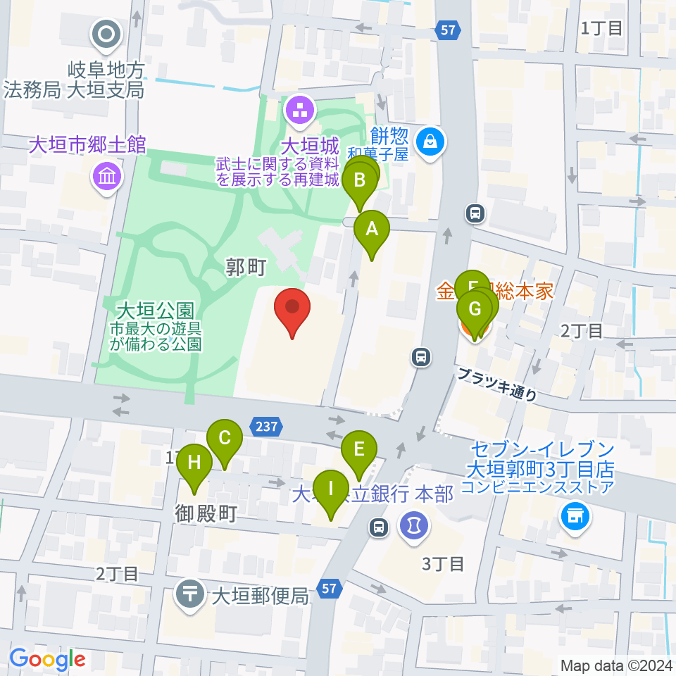 大垣城ホール周辺のファミレス・ファーストフード一覧地図