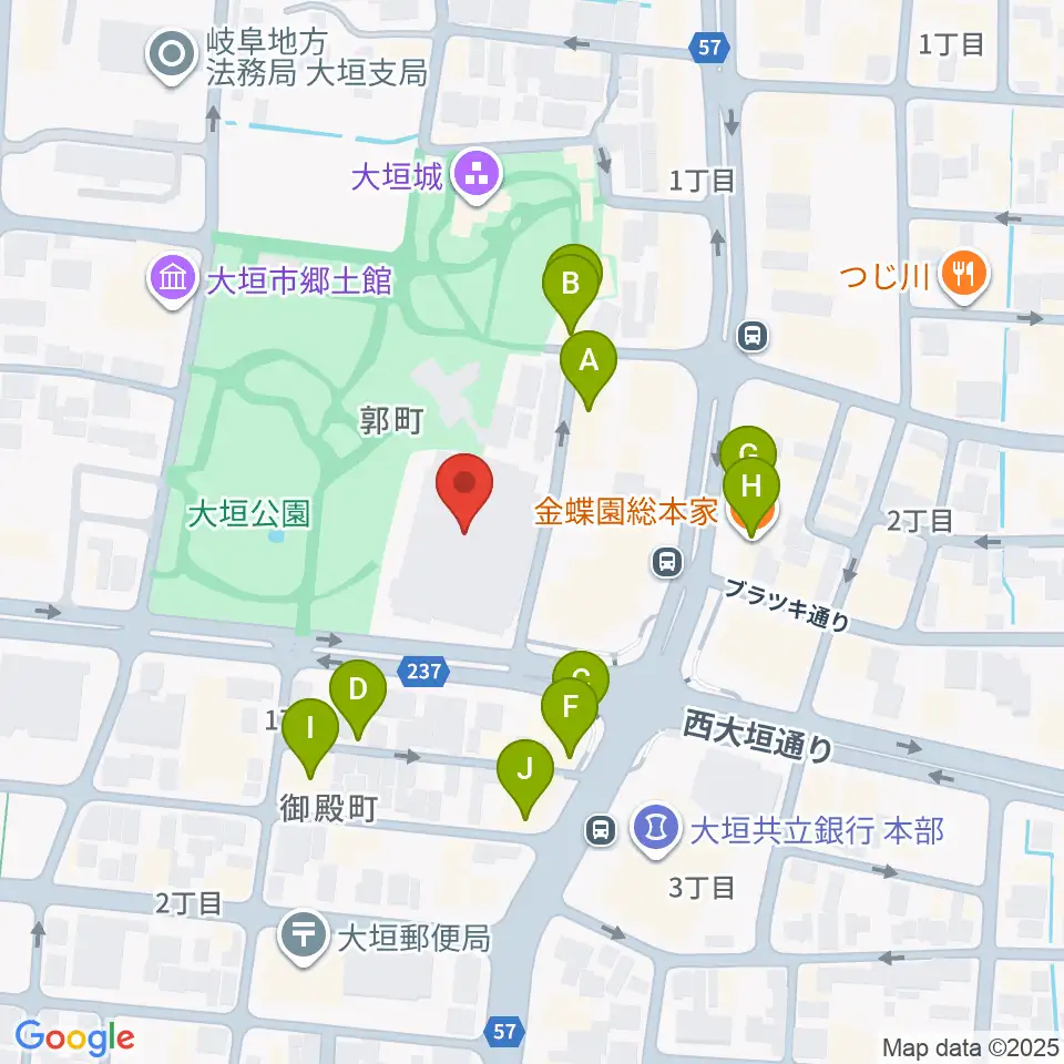 大垣城ホール周辺のファミレス・ファーストフード一覧地図