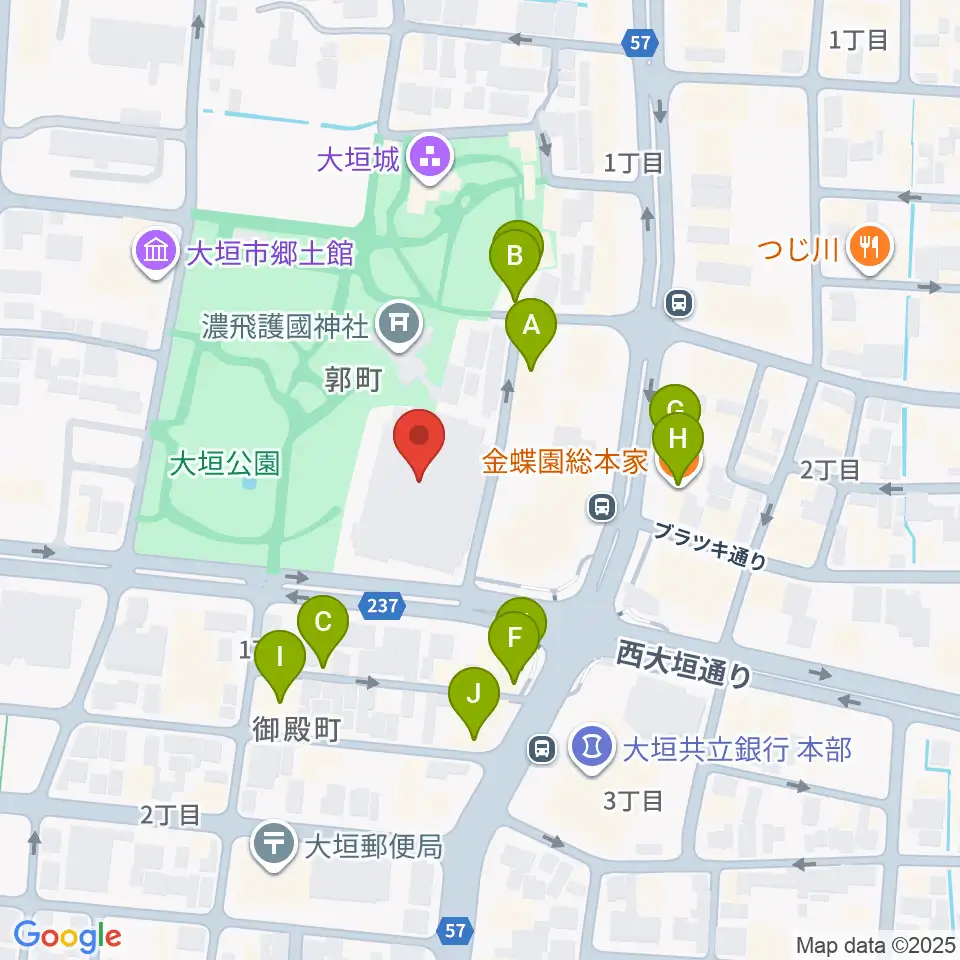 大垣城ホール周辺のファミレス・ファーストフード一覧地図