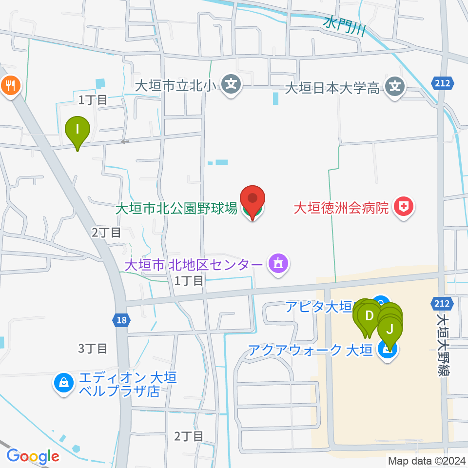 大垣市北公園野球場周辺のファミレス・ファーストフード一覧地図