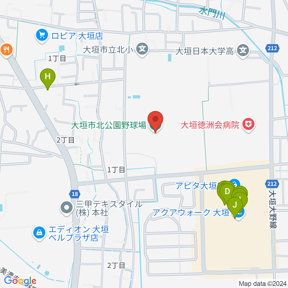 大垣市北公園野球場周辺のファミレス・ファーストフード一覧地図