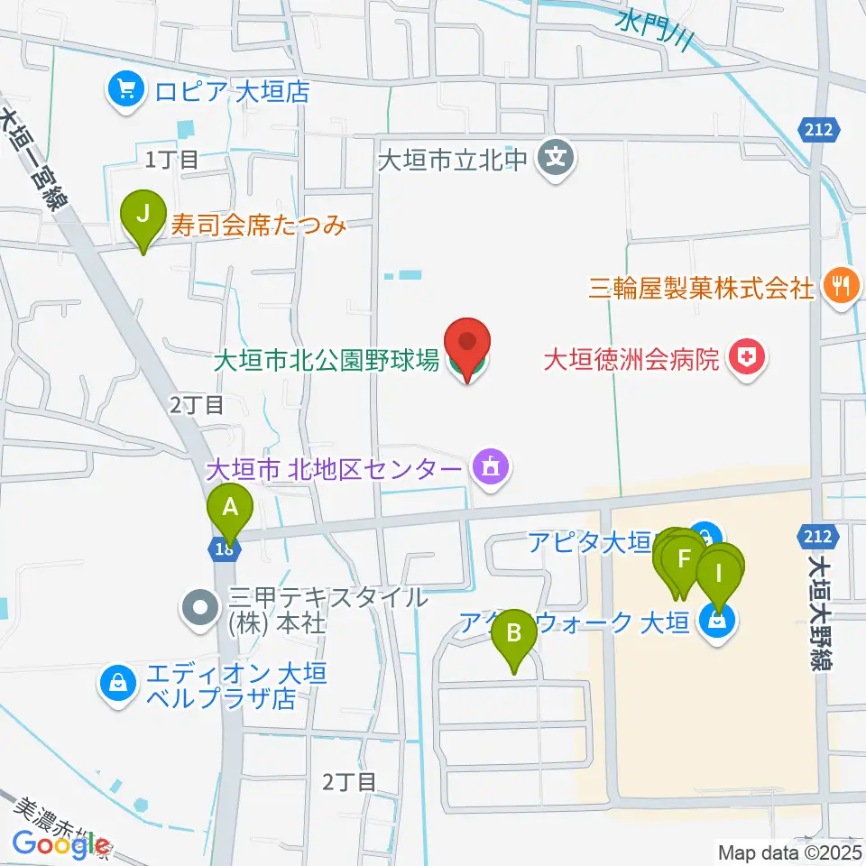 大垣市北公園野球場周辺のファミレス・ファーストフード一覧地図