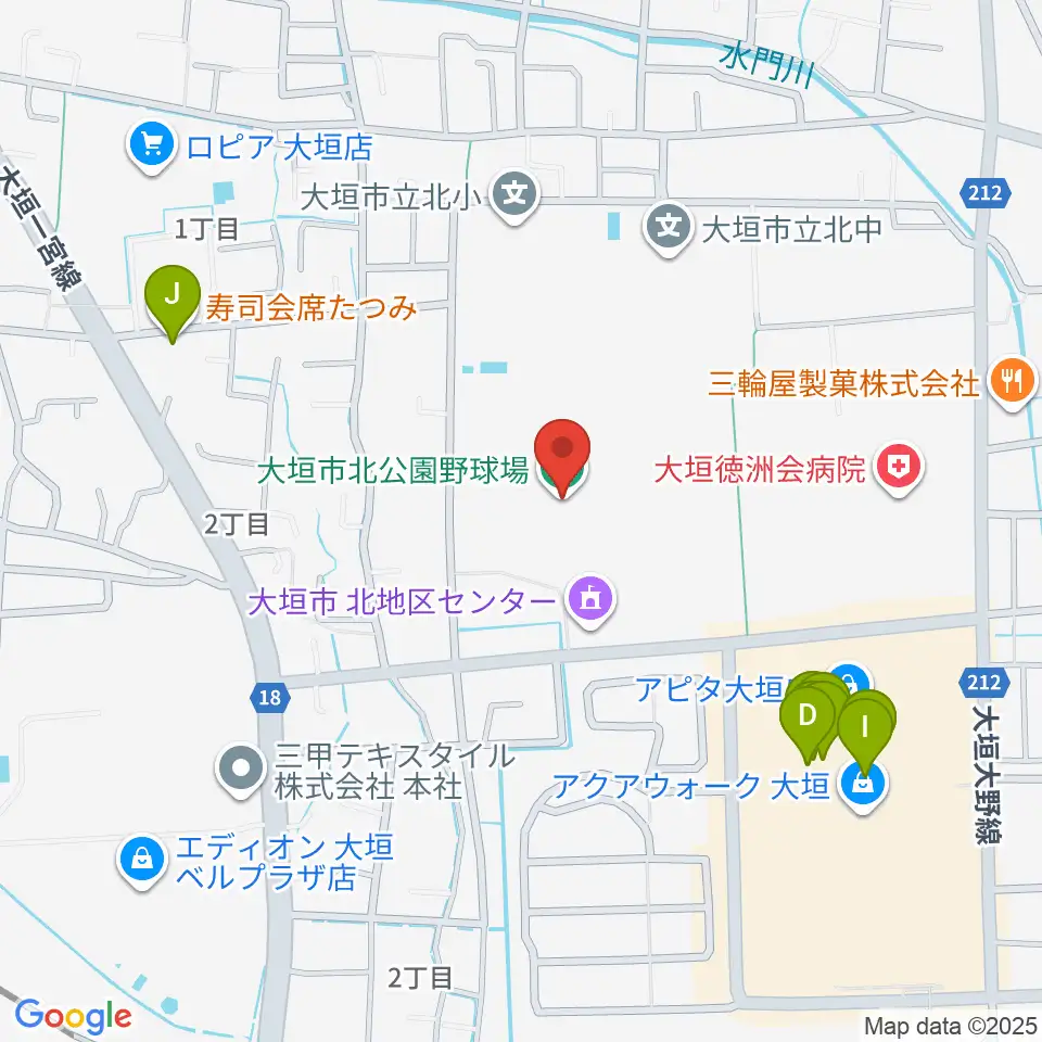 大垣市北公園野球場周辺のファミレス・ファーストフード一覧地図