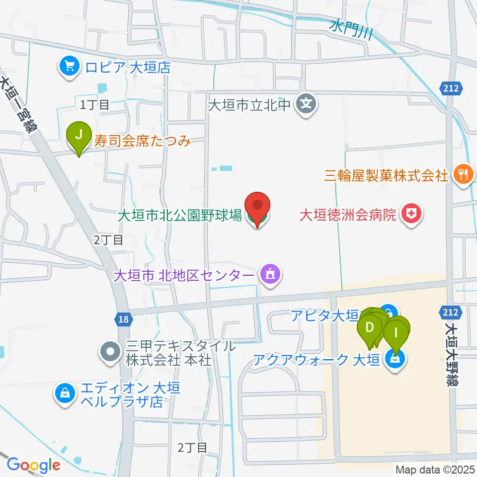 大垣市北公園野球場周辺のファミレス・ファーストフード一覧地図
