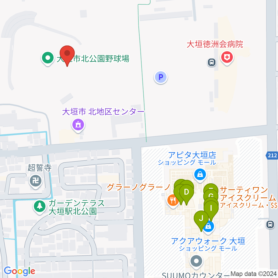 大垣市北公園陸上競技場周辺のファミレス・ファーストフード一覧地図