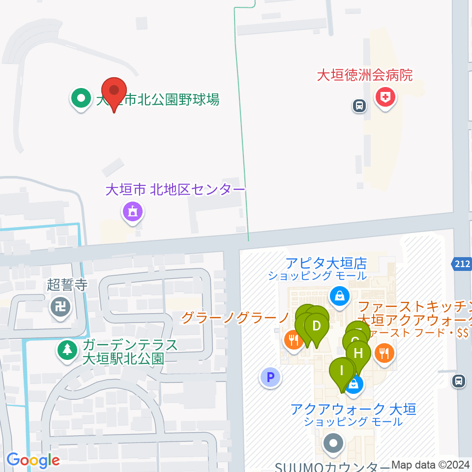 大垣市北公園陸上競技場周辺のファミレス・ファーストフード一覧地図