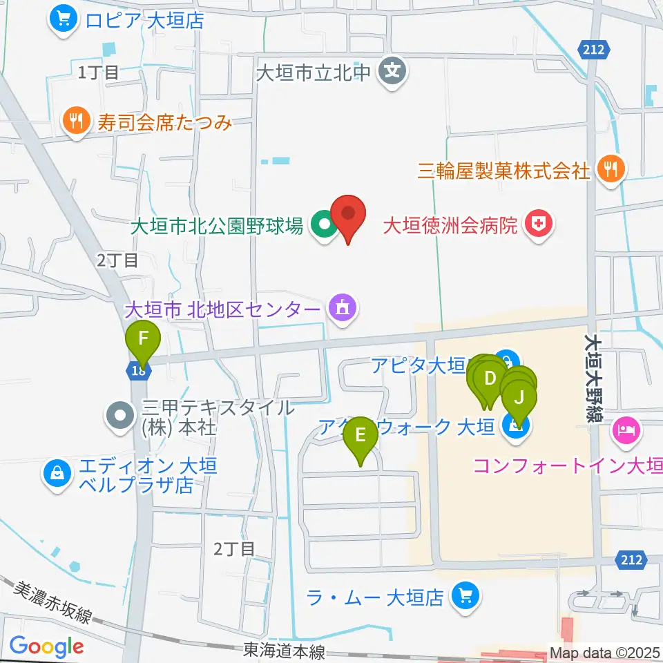 大垣市北公園陸上競技場周辺のファミレス・ファーストフード一覧地図