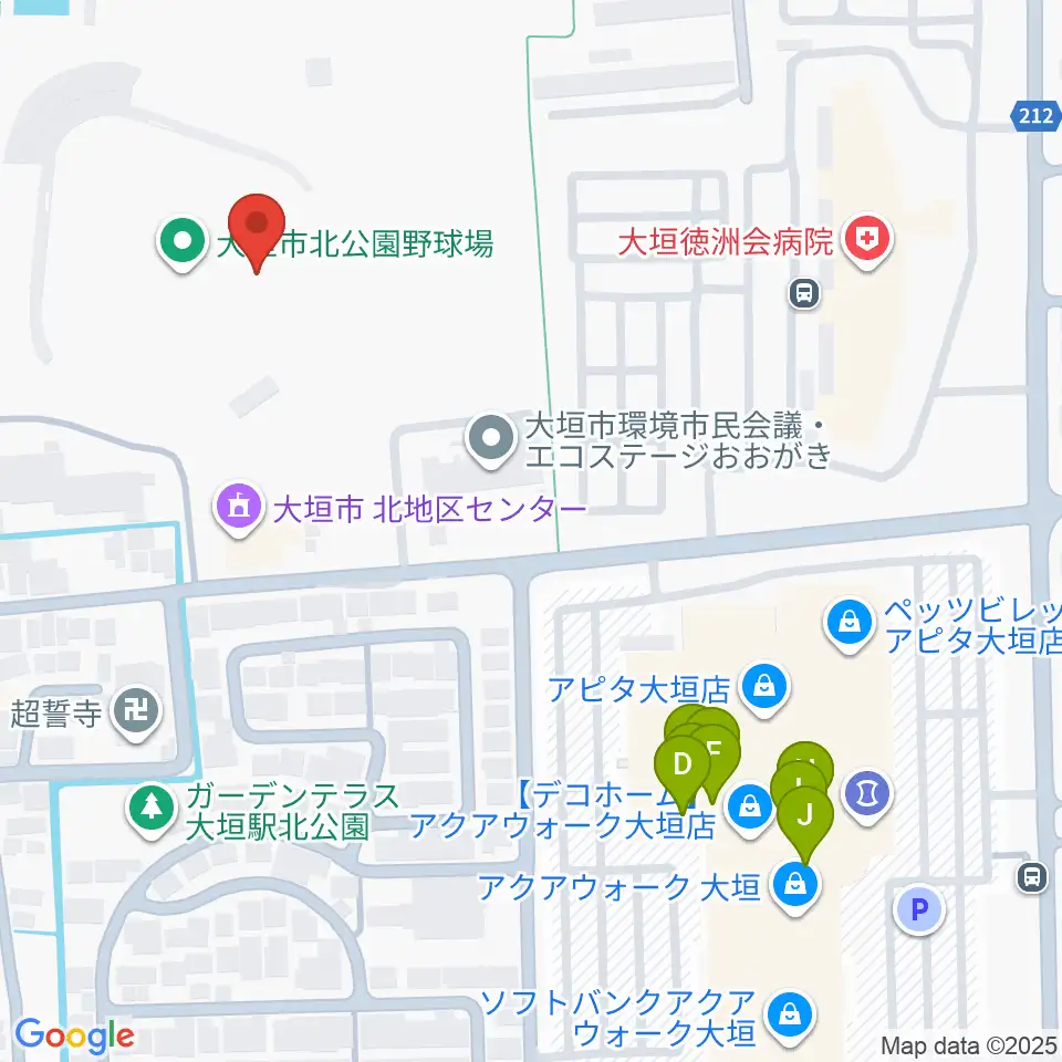 大垣市北公園陸上競技場周辺のファミレス・ファーストフード一覧地図