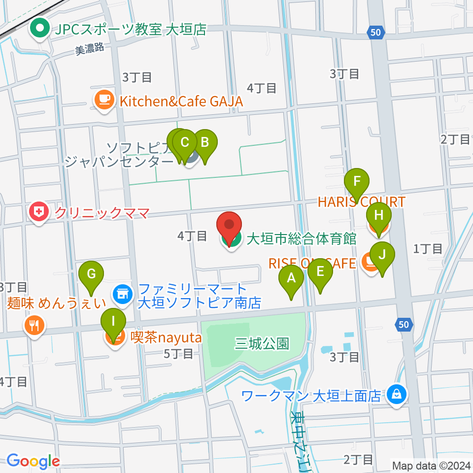 大垣市総合体育館周辺のファミレス・ファーストフード一覧地図