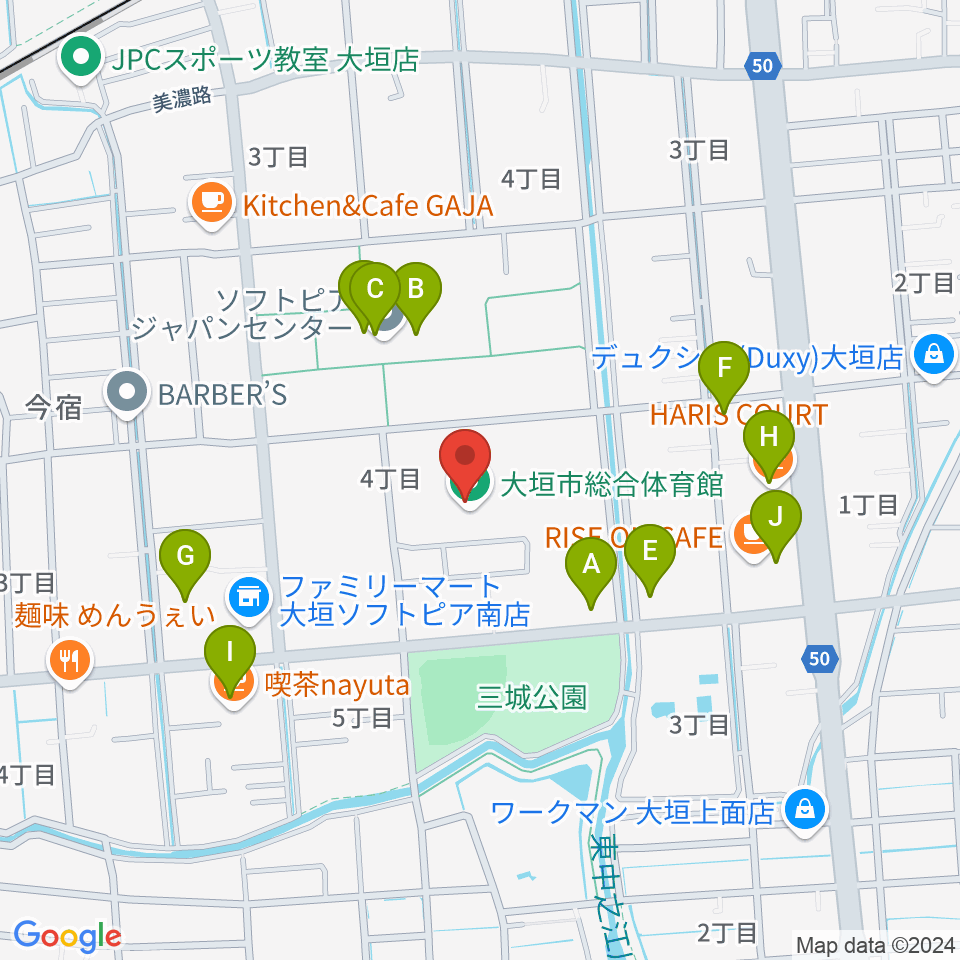 大垣市総合体育館周辺のファミレス・ファーストフード一覧地図