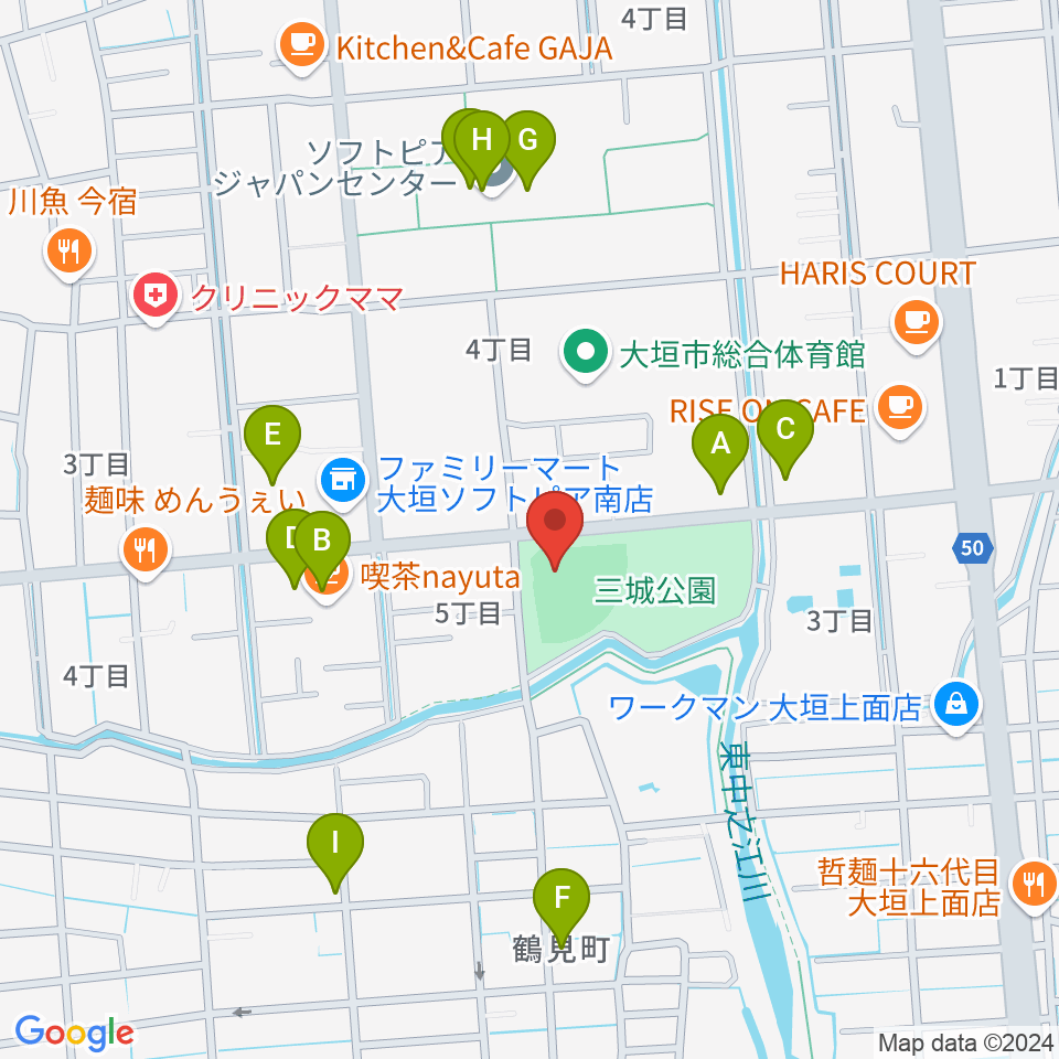 三城公園ソフトボール場周辺のファミレス・ファーストフード一覧地図