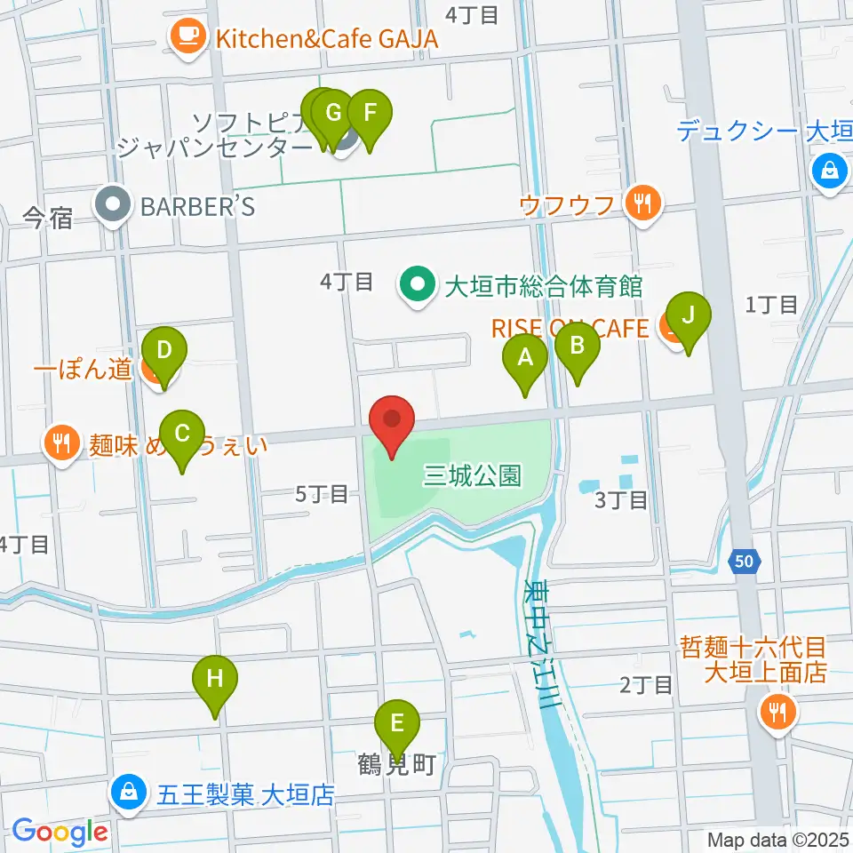 三城公園ソフトボール場周辺のファミレス・ファーストフード一覧地図