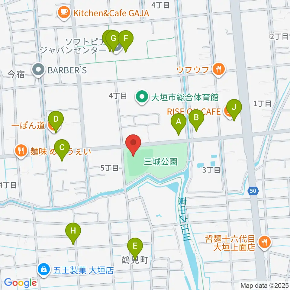 三城公園ソフトボール場周辺のファミレス・ファーストフード一覧地図