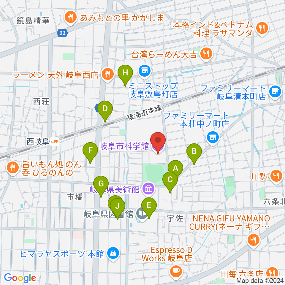 岐阜市科学館周辺のファミレス・ファーストフード一覧地図