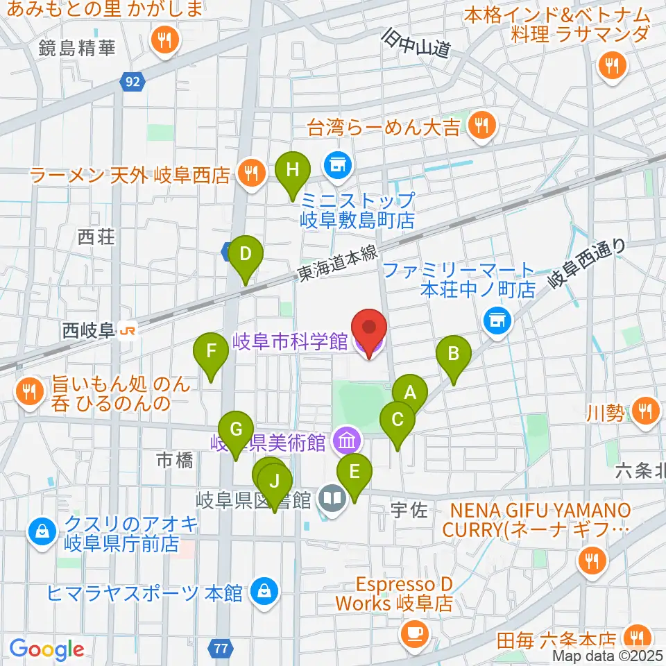 岐阜市科学館周辺のファミレス・ファーストフード一覧地図