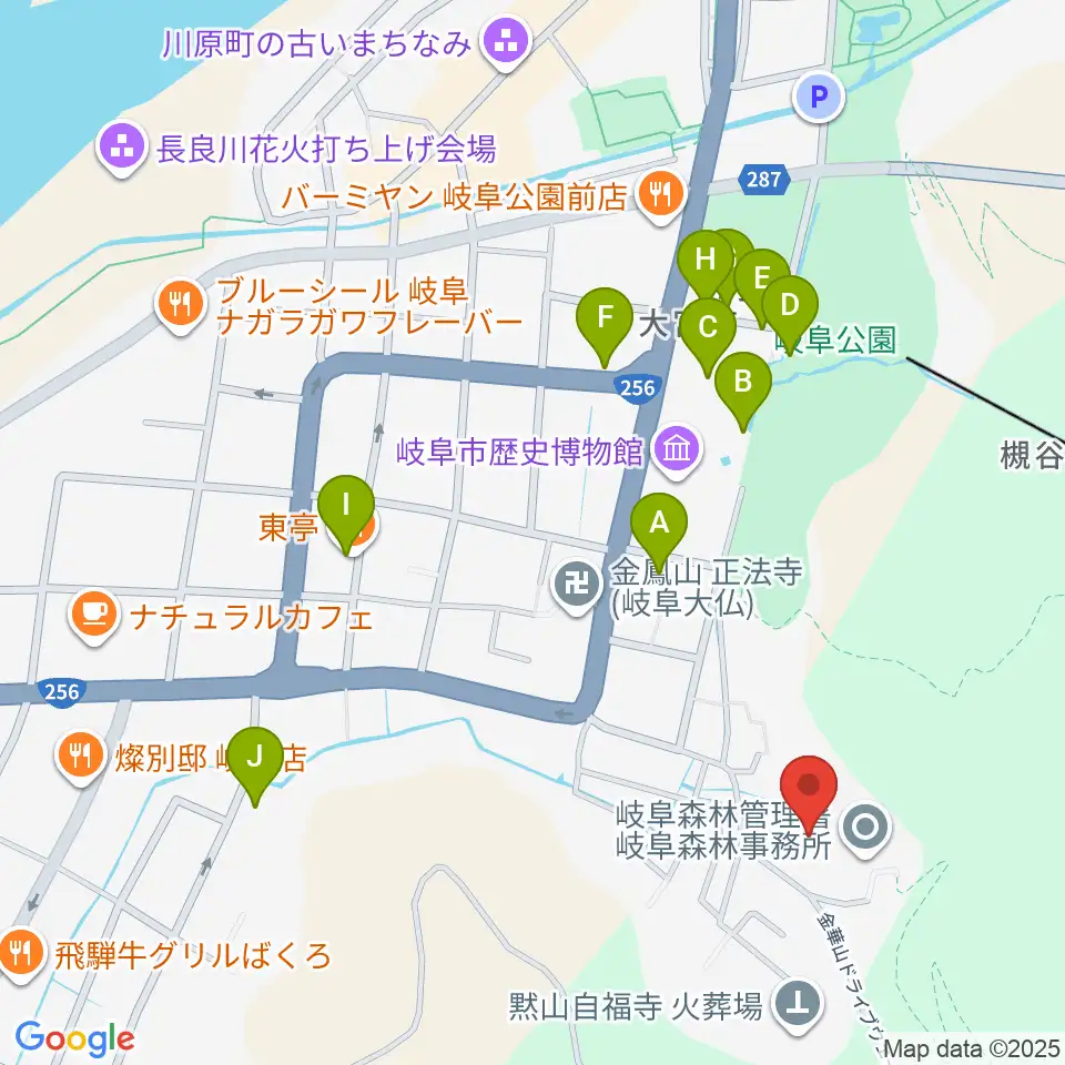 岐阜県歴史資料館周辺のファミレス・ファーストフード一覧地図
