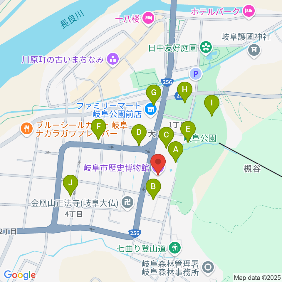 岐阜市歴史博物館周辺のファミレス・ファーストフード一覧地図