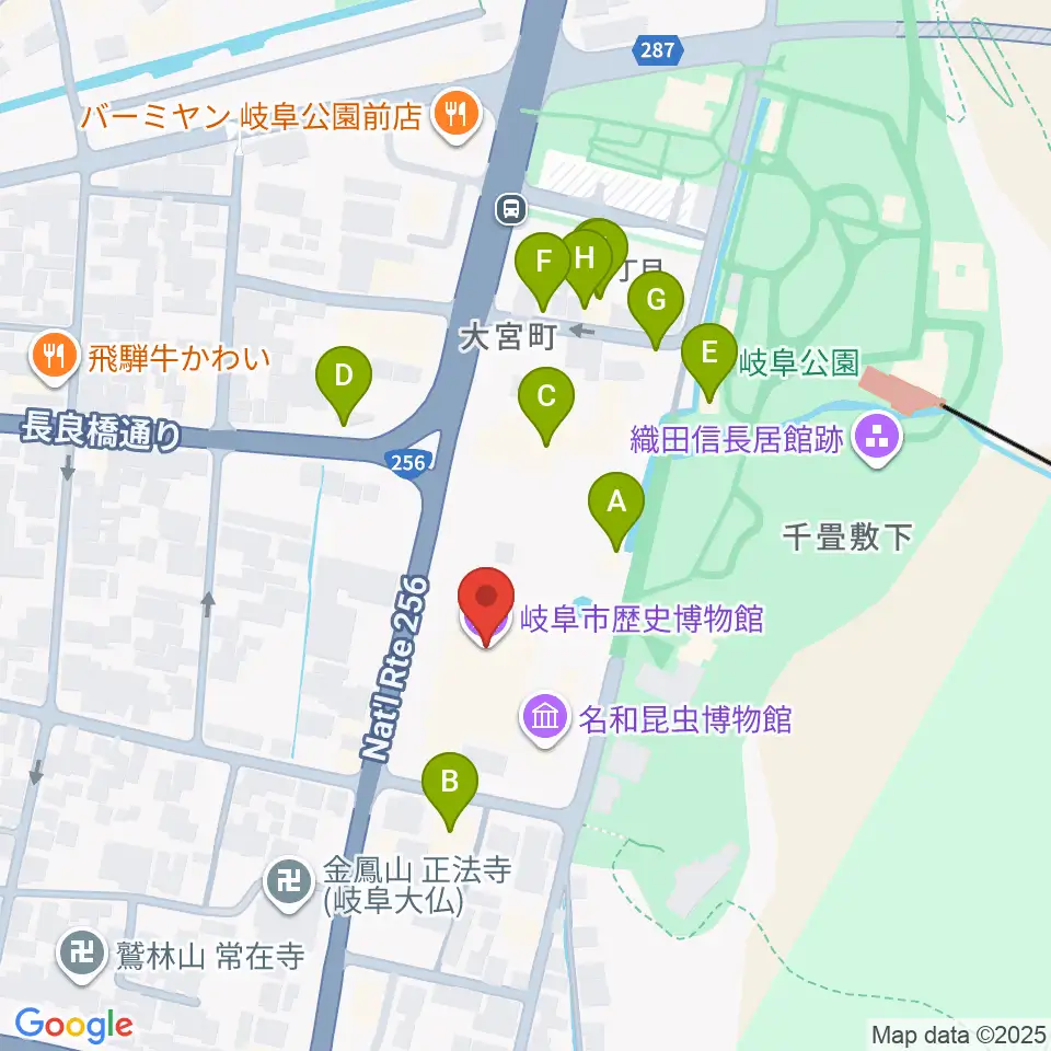 岐阜市歴史博物館周辺のファミレス・ファーストフード一覧地図