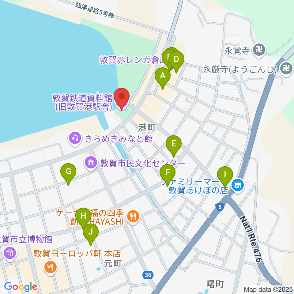 敦賀鉄道資料館周辺のファミレス・ファーストフード一覧地図