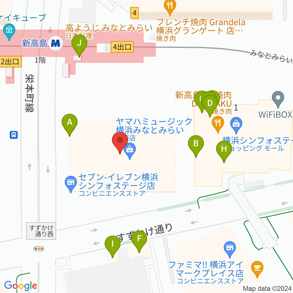 ヤマハミュージック横浜みなとみらい周辺のファミレス・ファーストフード一覧地図