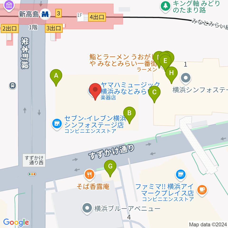 ヤマハミュージック横浜みなとみらい周辺のファミレス・ファーストフード一覧地図