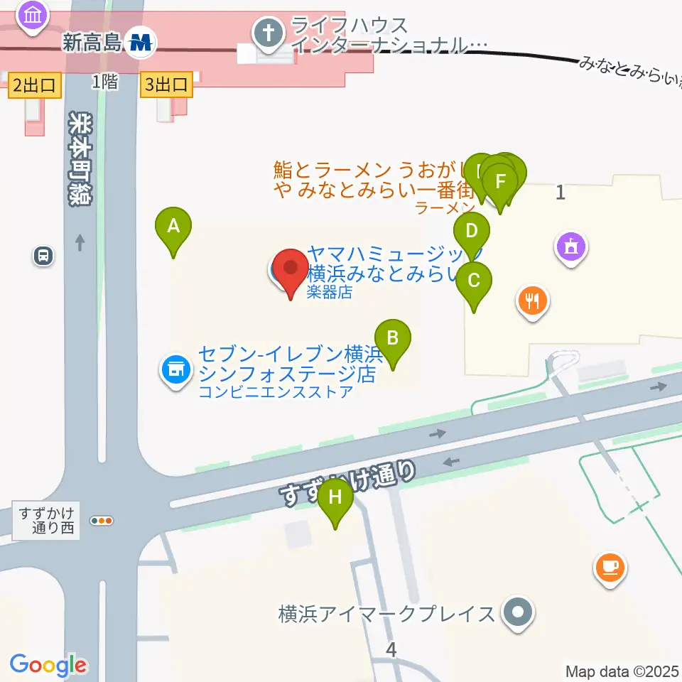 ヤマハミュージック横浜みなとみらい周辺のファミレス・ファーストフード一覧地図