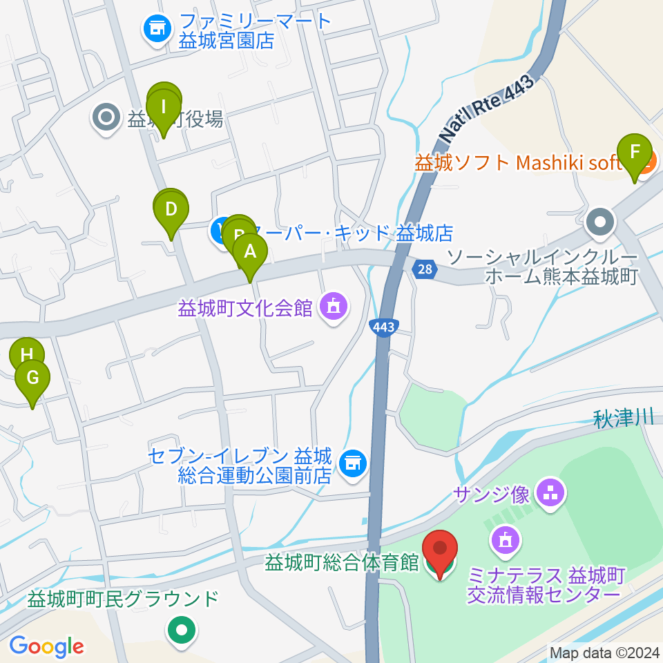 益城町総合体育館周辺のファミレス・ファーストフード一覧地図