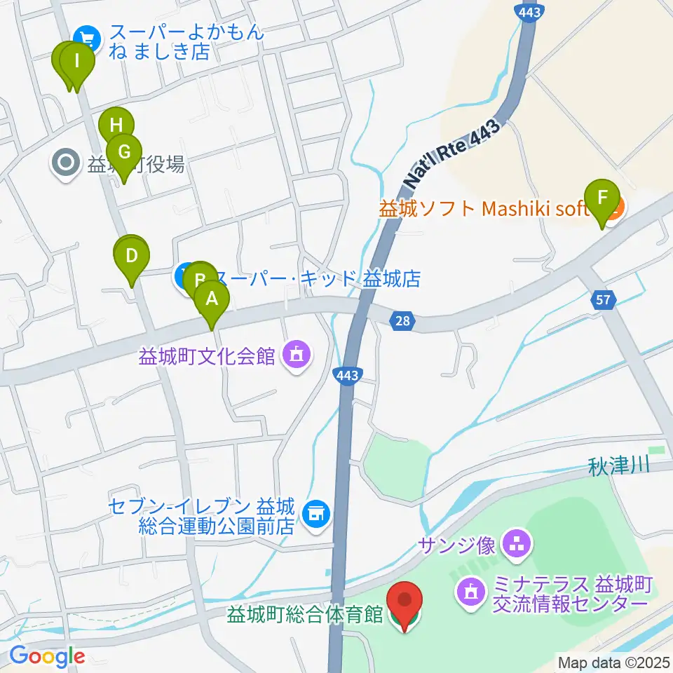 益城町総合体育館周辺のファミレス・ファーストフード一覧地図