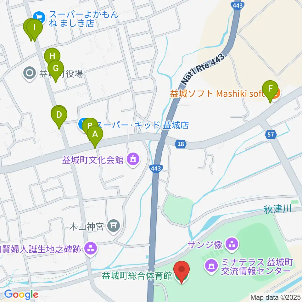 益城町総合体育館周辺のファミレス・ファーストフード一覧地図