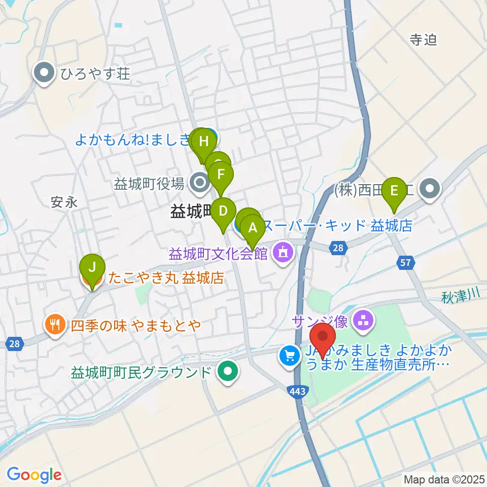 益城町総合体育館周辺のファミレス・ファーストフード一覧地図