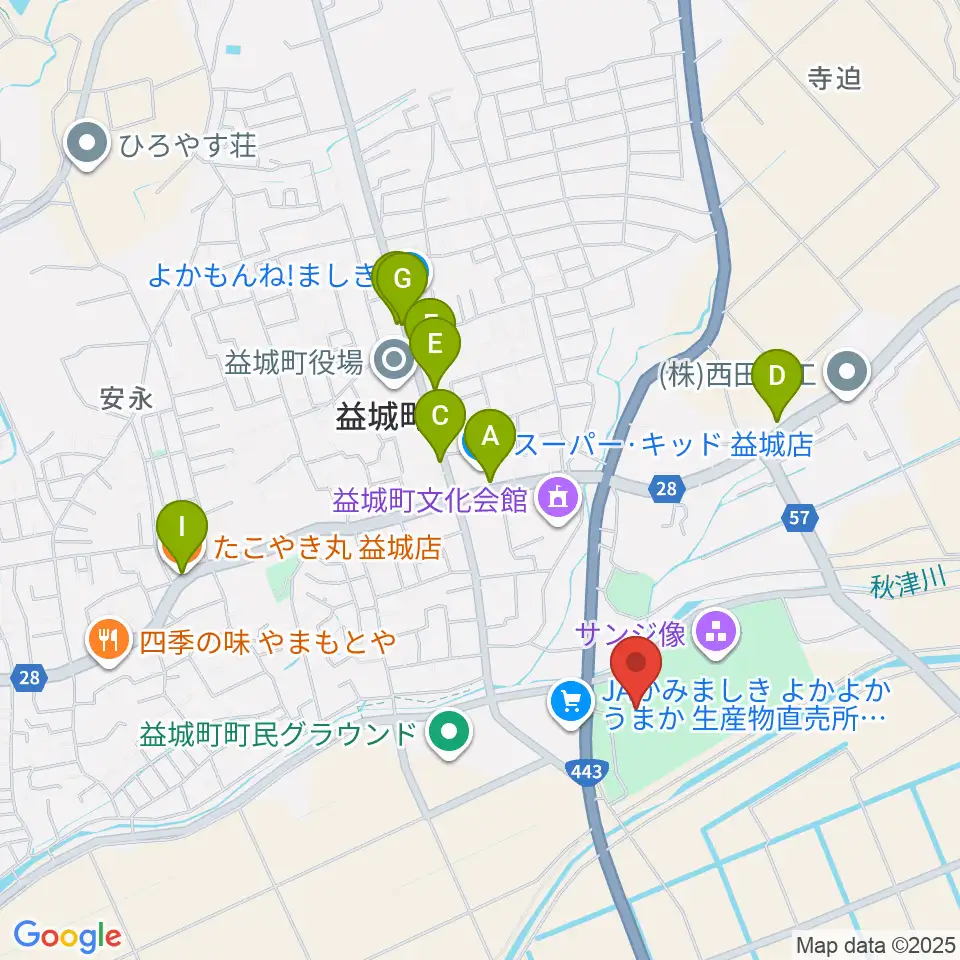 益城町総合体育館周辺のファミレス・ファーストフード一覧地図