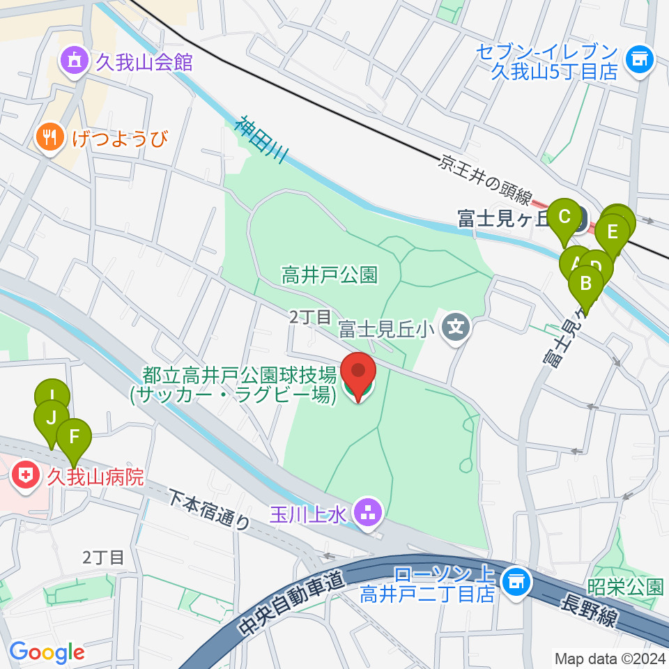 高井戸公園球技場周辺のファミレス・ファーストフード一覧地図