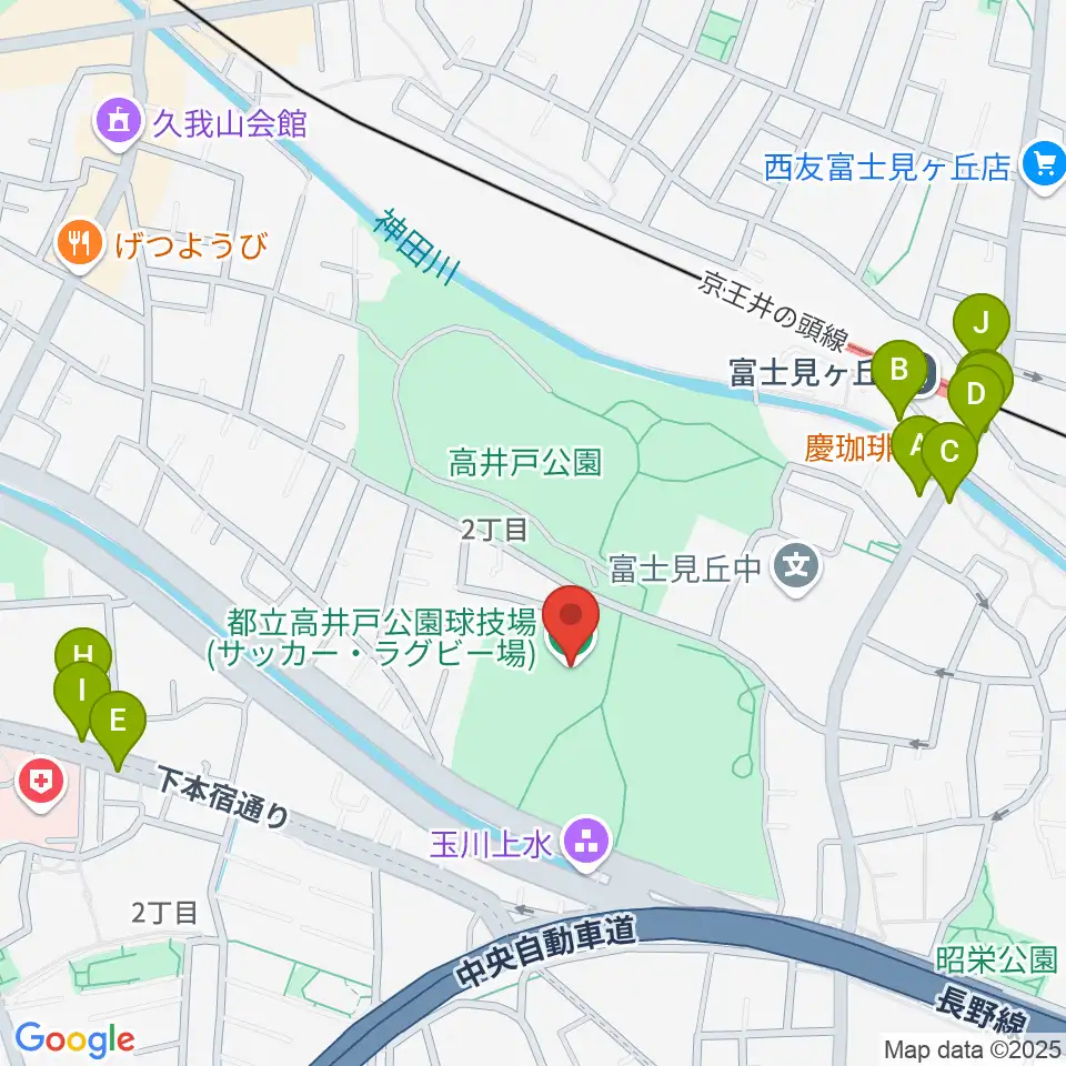 高井戸公園球技場周辺のファミレス・ファーストフード一覧地図