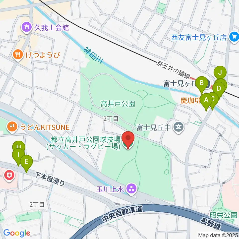 高井戸公園球技場周辺のファミレス・ファーストフード一覧地図