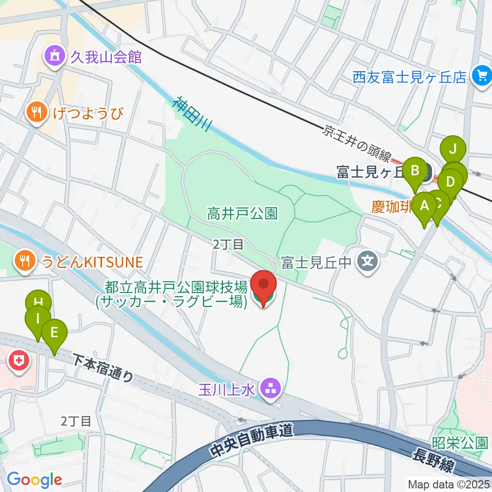 高井戸公園球技場周辺のファミレス・ファーストフード一覧地図