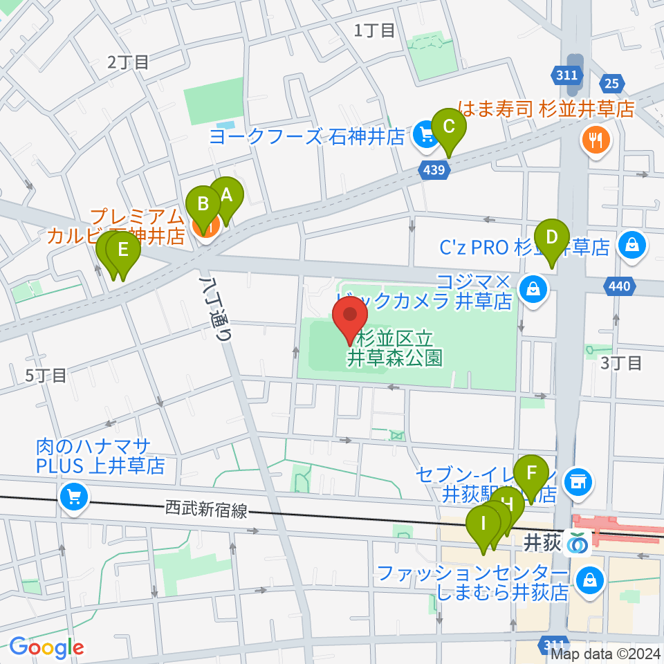 井草森公園運動場周辺のファミレス・ファーストフード一覧地図