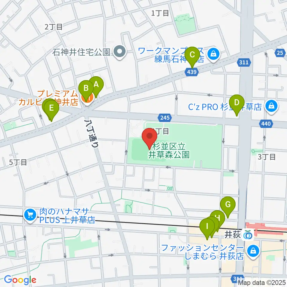 井草森公園運動場周辺のファミレス・ファーストフード一覧地図