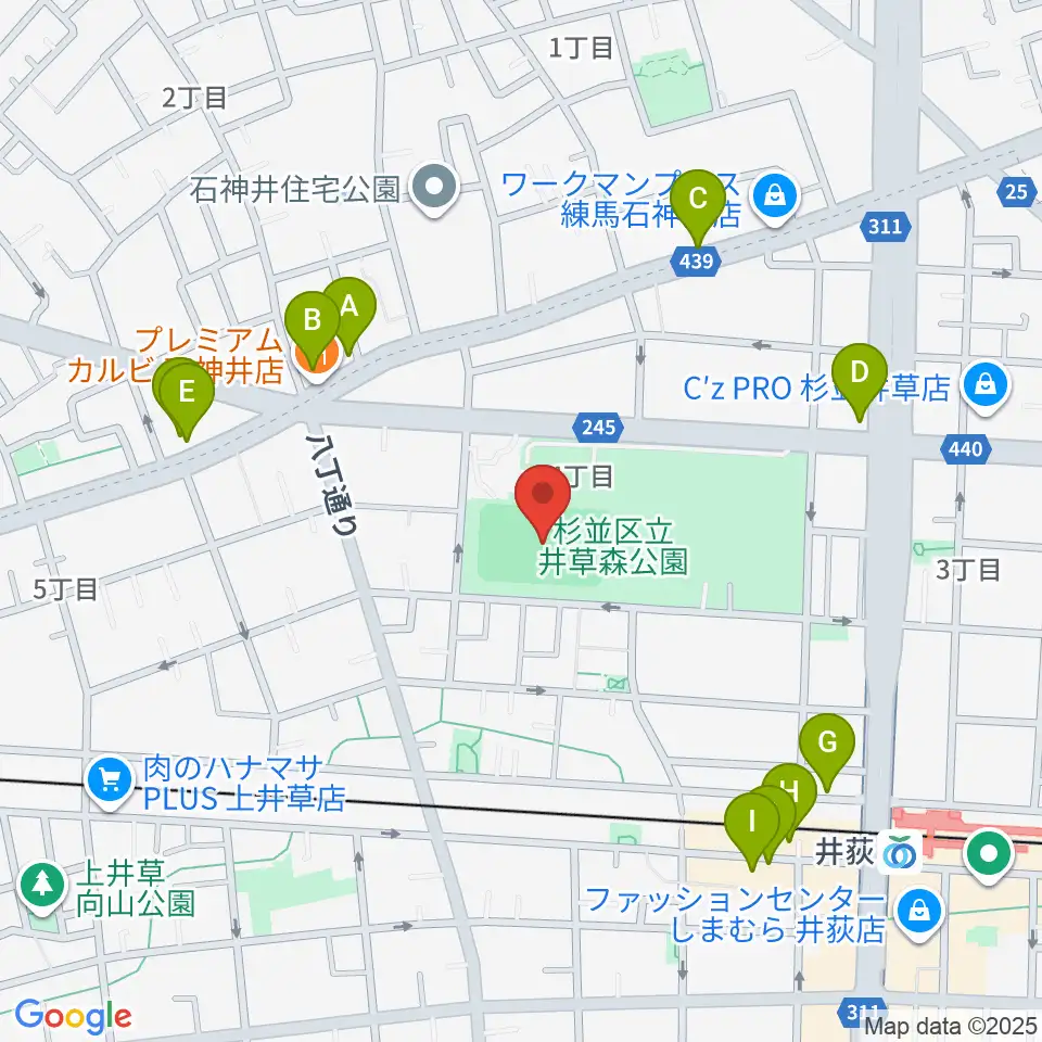 井草森公園運動場周辺のファミレス・ファーストフード一覧地図