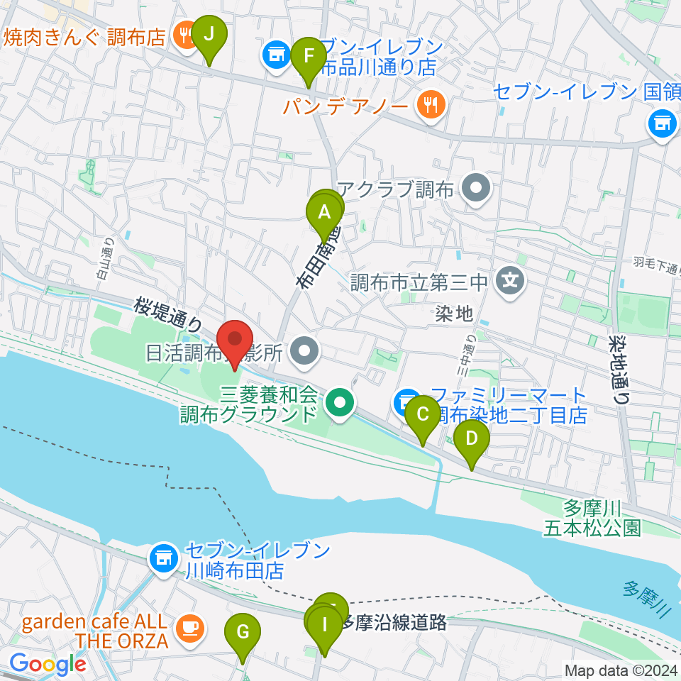 調布市民野球場周辺のファミレス・ファーストフード一覧地図