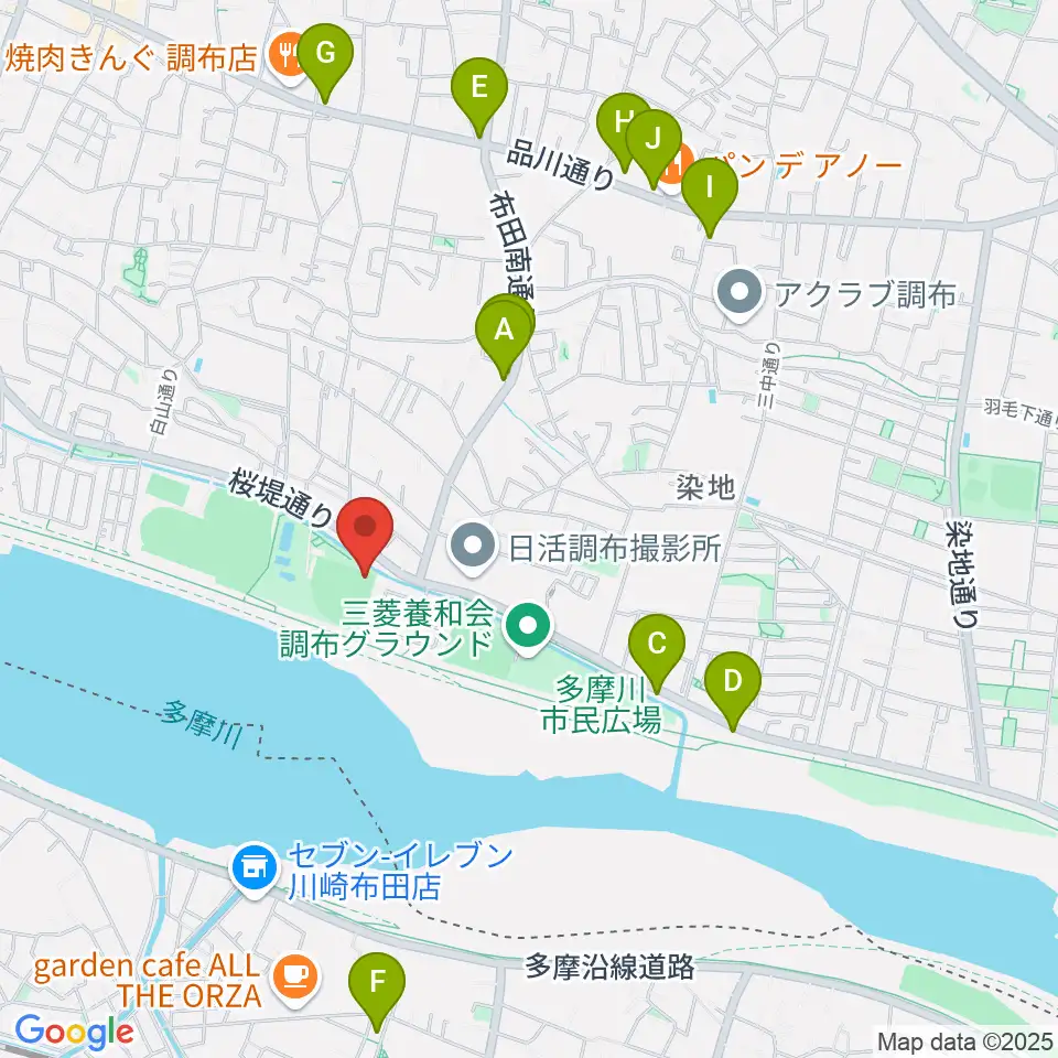 調布市民野球場周辺のファミレス・ファーストフード一覧地図