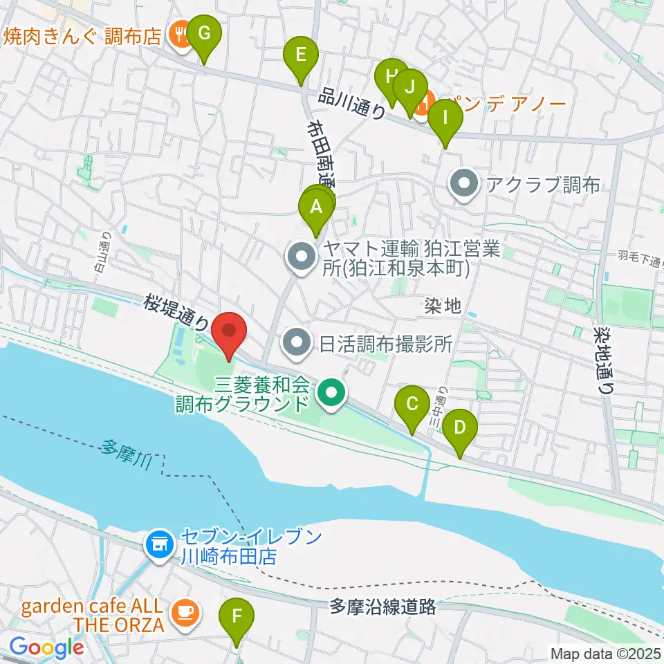 調布市民野球場周辺のファミレス・ファーストフード一覧地図