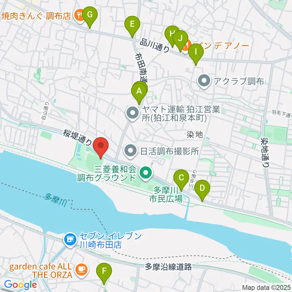 調布市民野球場周辺のファミレス・ファーストフード一覧地図