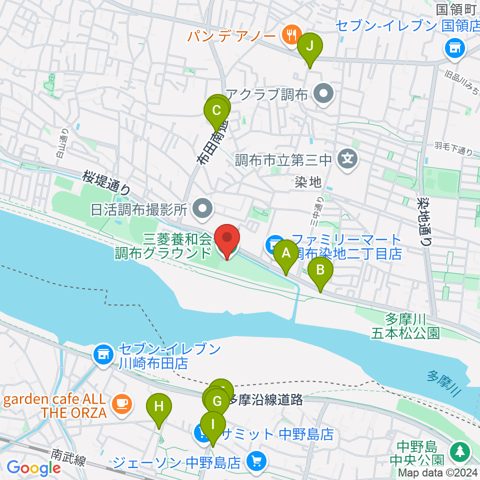 三菱養和会 調布グラウンド周辺のファミレス・ファーストフード一覧地図