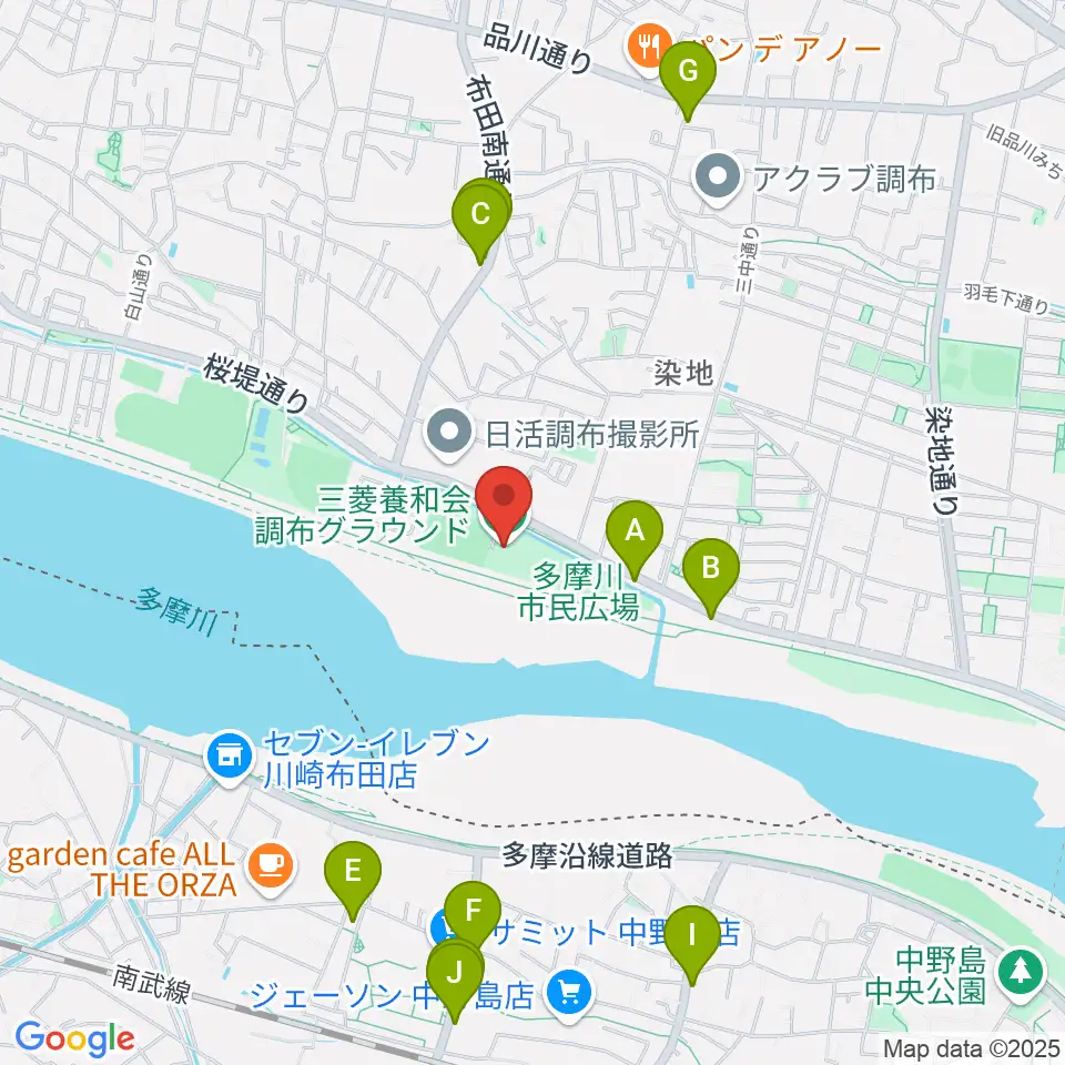 三菱養和会 調布グラウンド周辺のファミレス・ファーストフード一覧地図