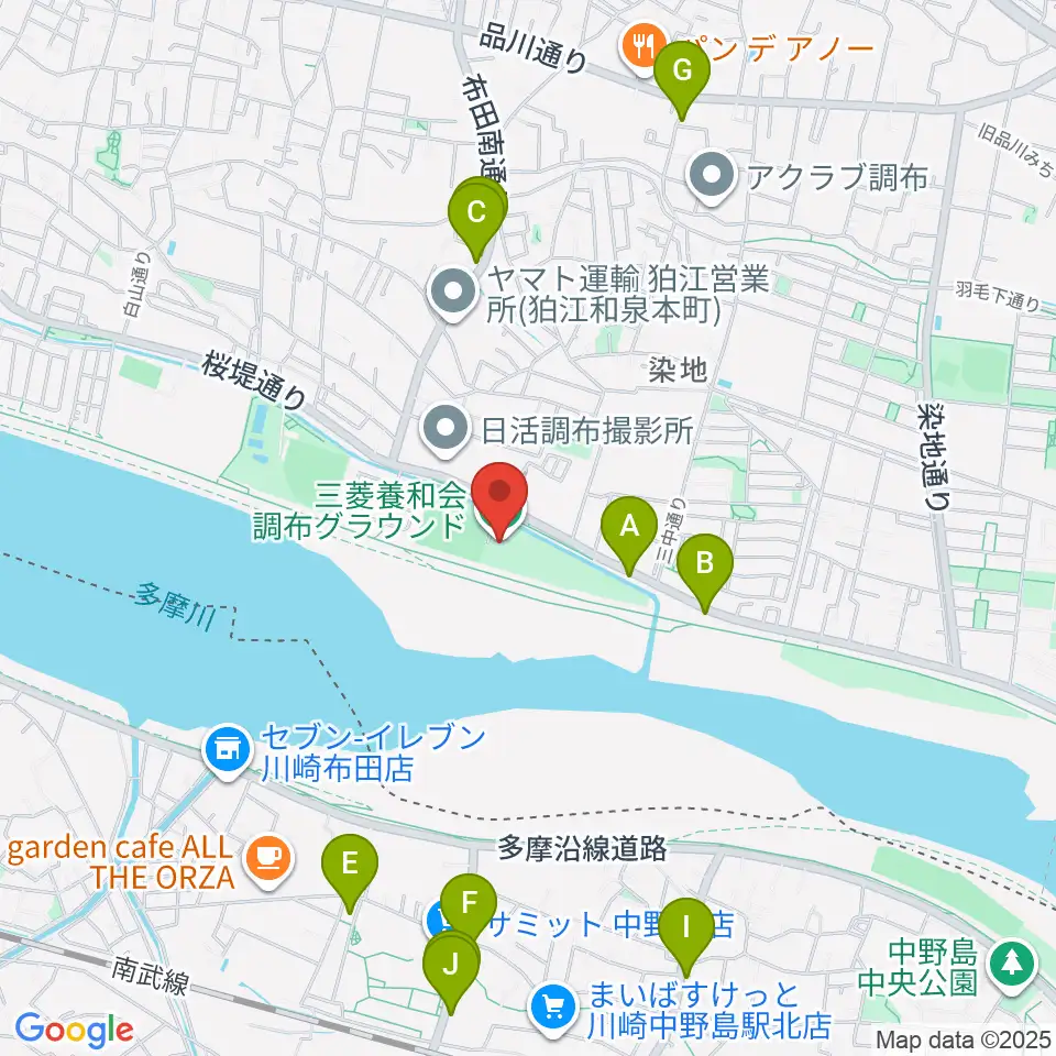 三菱養和会 調布グラウンド周辺のファミレス・ファーストフード一覧地図