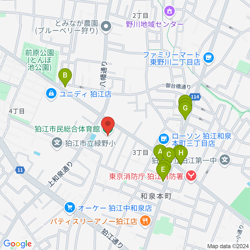 狛江市民総合体育館周辺のファミレス・ファーストフード一覧地図