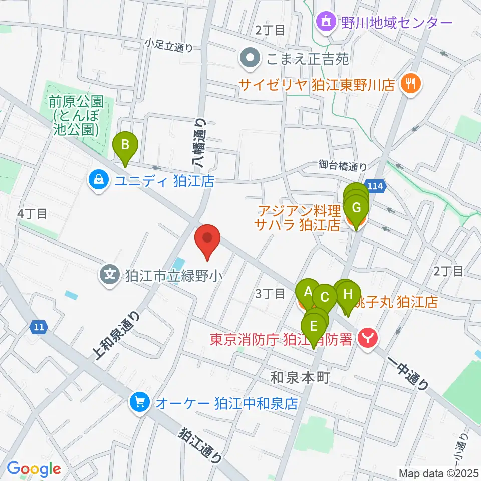 狛江市民総合体育館周辺のファミレス・ファーストフード一覧地図