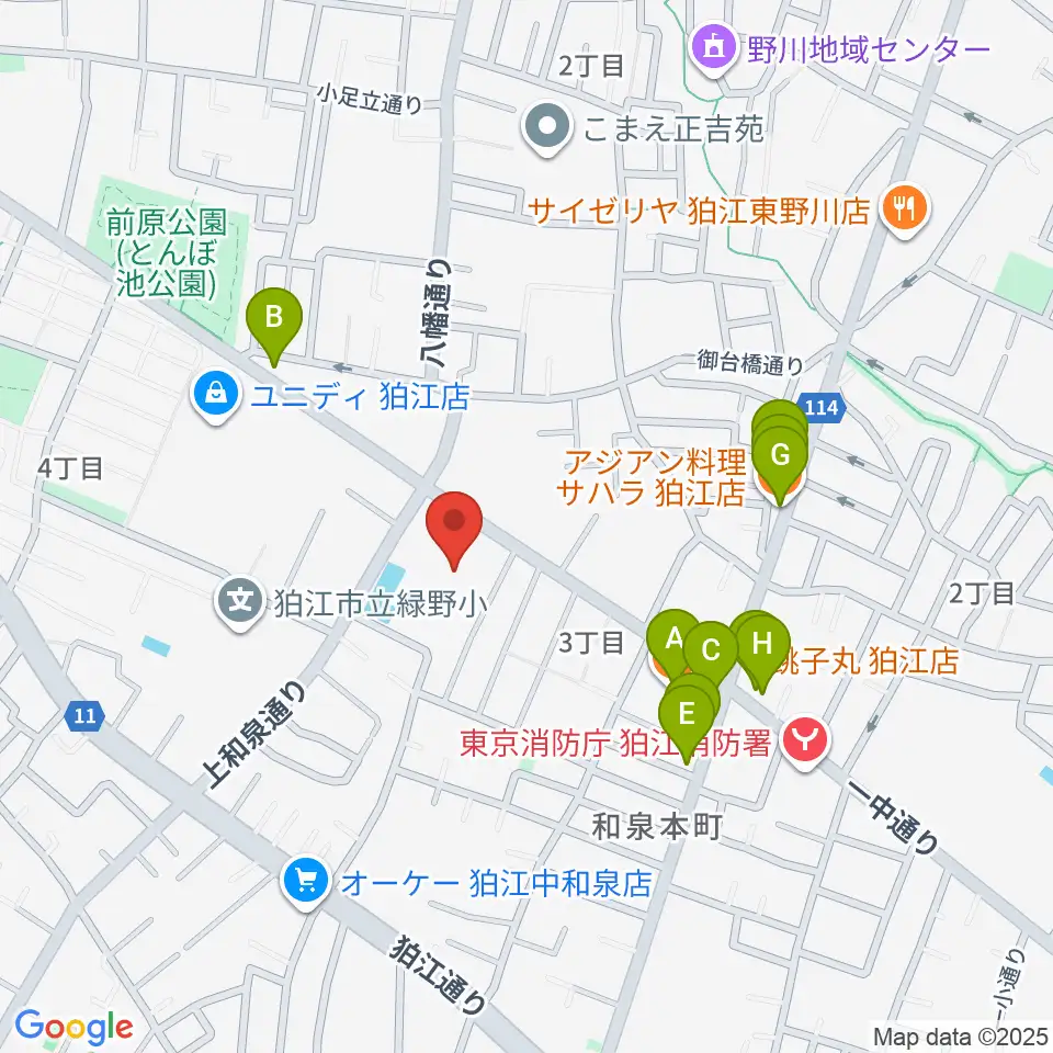 狛江市民総合体育館周辺のファミレス・ファーストフード一覧地図