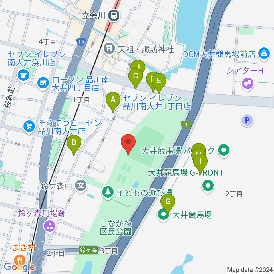 しながわ区民公園野球場周辺のファミレス・ファーストフード一覧地図